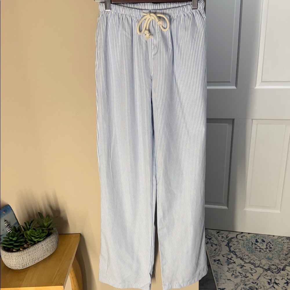 Blue and white striped lounge pajama pants with pockets
